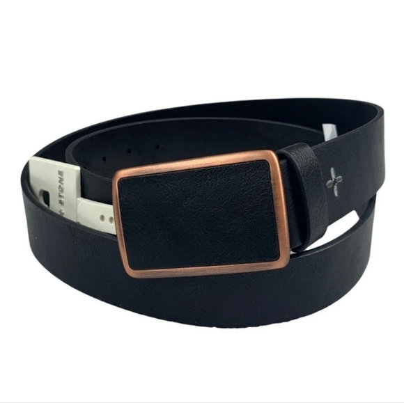 Sun + Stone Mens Faux Leather Plaque Buckle Belt Black - Picture 1 of 6